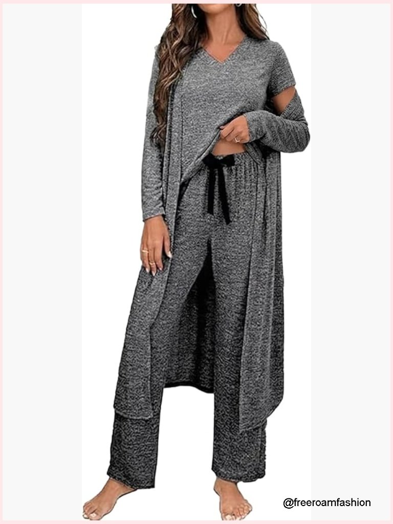3-Piece Pajama Set With Tee Pants Cardigan Sleepwear Loungewear
